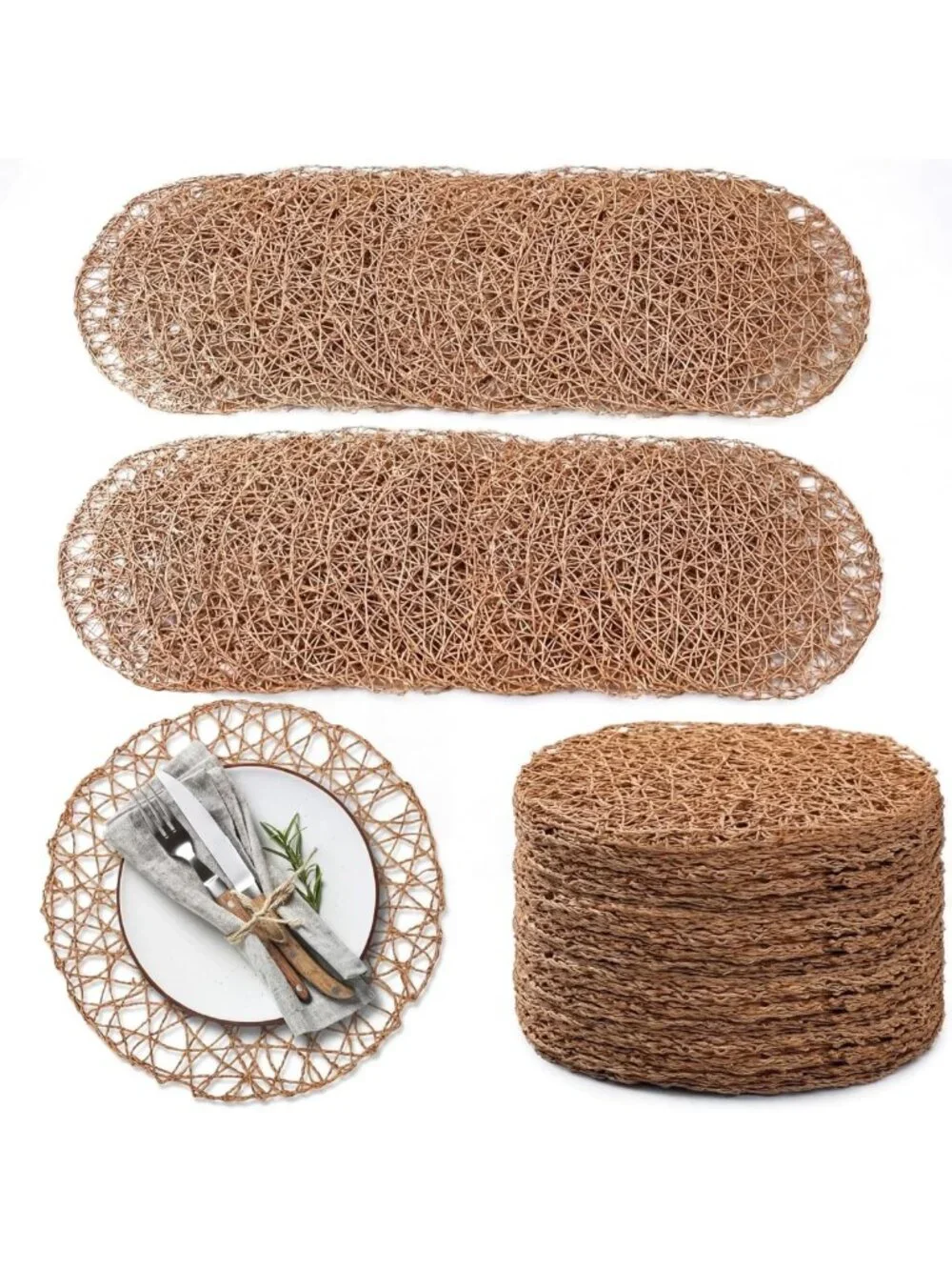 Set of 24 Brown Round Placemats, 13-Inch Paper Braided Dining Decor